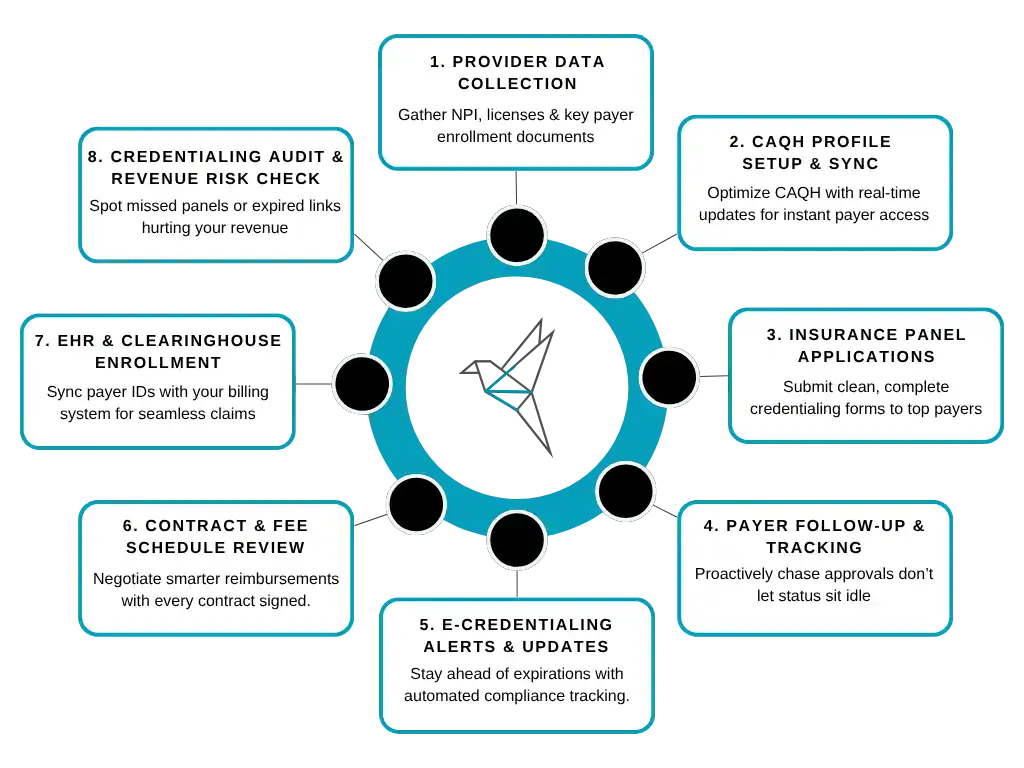 Provider credentialing process including CAQH setup, insurance panel applications, payer follow-up, and contract review