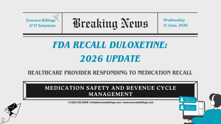 Healthcare professional reviewing FDA duloxetine recall information while managing patient records and medical billing documentation.