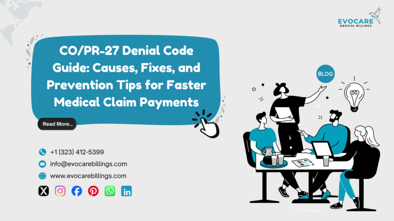 Healthcare professional reviewing a medical insurance claim showing CO/PR-27 denial code caused by terminated insurance coverage, illustrating denial management and revenue cycle optimization.