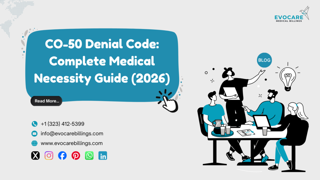 Flowchart explaining CO-50 denial code medical necessity review and appeal process in medical billing