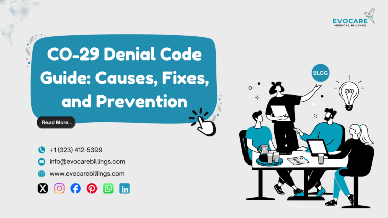 Medical billing specialist resolving CO-29 denial code for timely filing while reviewing insurance claims and revenue cycle reports.