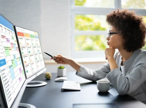 Healthcare professional reviewing patient scheduling and billing data on EHR system